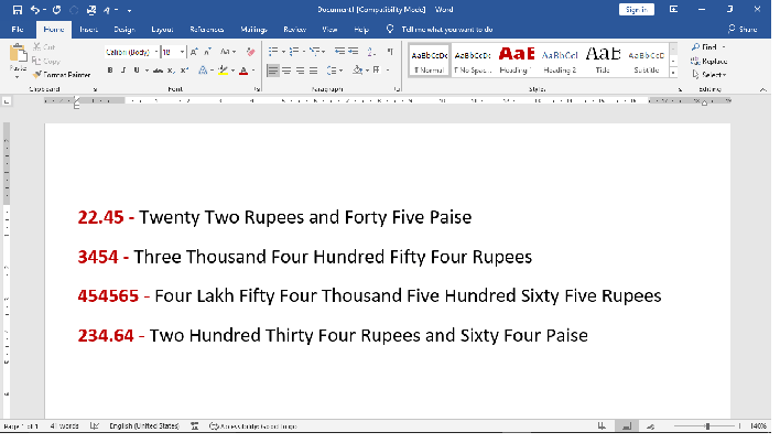 Convert Numbers To Words in Microsoft Word in Hindi