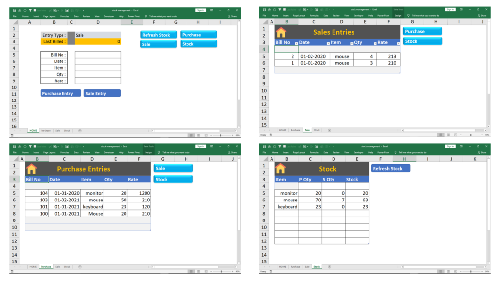 Stock and inventory management sheet screenshots