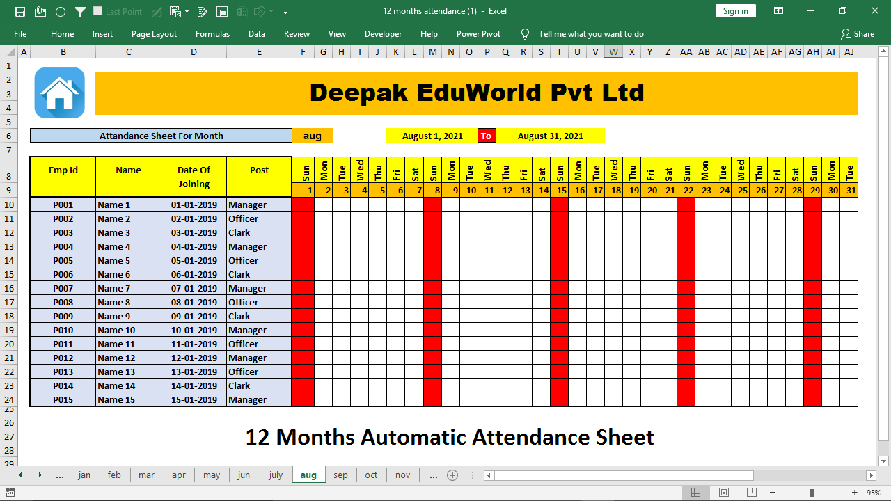 Monthly Attendance Sheet In Excel Free Download Fully Automatic