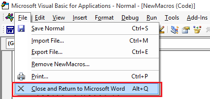 Close And Return To Microsoft Word